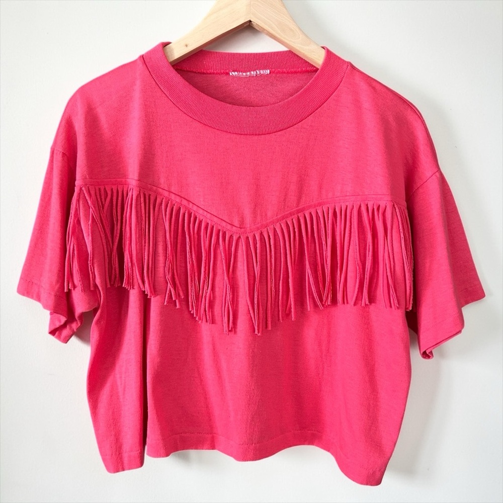 Bright Pink Western Style Single Stitch Fringe Crop Top T-Shirt